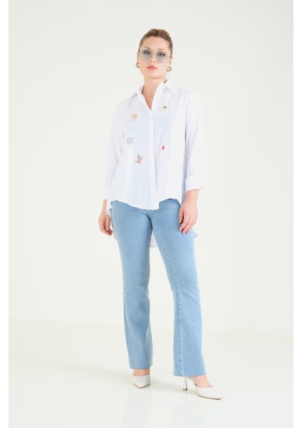 Kadın Oversize Işlemeli Gömlek Beyaz fırsatları