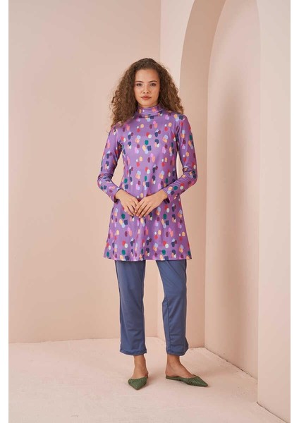 Maldiv Puantiye Desen Tesettür Mayo Lila