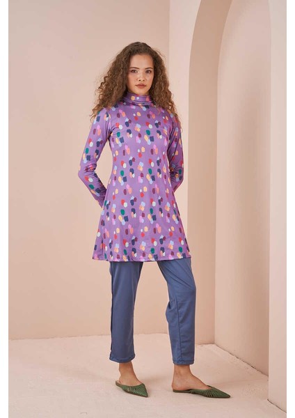 Maldiv Puantiye Desen Tesettür Mayo Lila modelleri