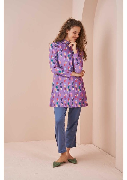 Maldiv Puantiye Desen Tesettür Mayo Lila fırsatları