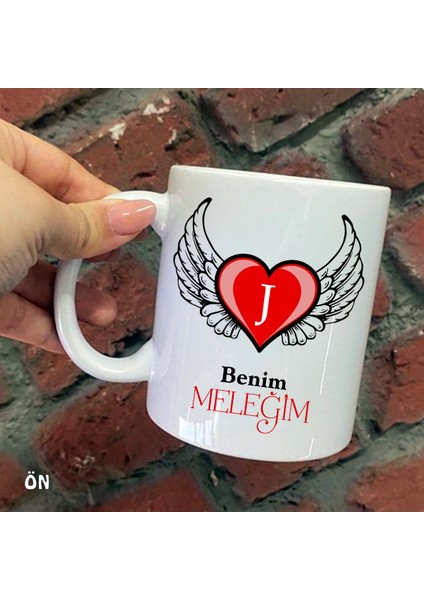 Size Özel Benim Meleğim Kanatlı Kalp J Harfli Seramik Baskılı Kupa Bardaklar