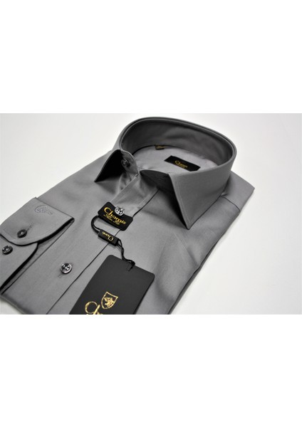 Slimfit Füme Pamuk Saten Uzun Yaka Gömlek