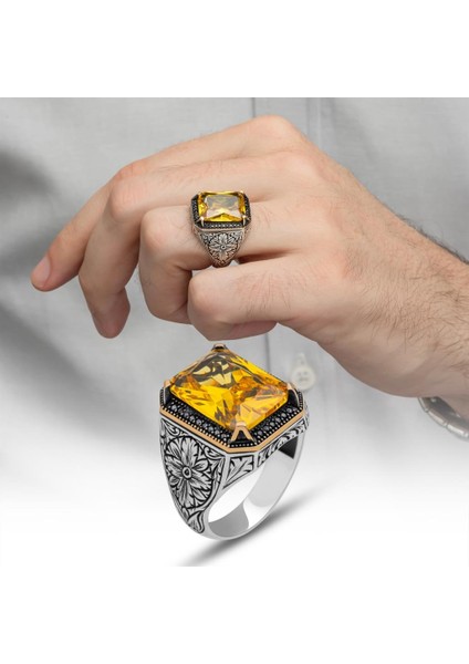 Sarı Sitrin Taşlı Oyma Motifli 925 Gümüş Erkek Yüzük