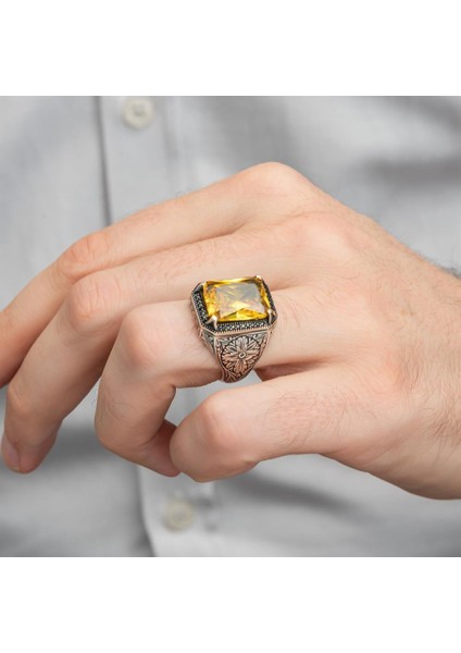 Sarı Sitrin Taşlı Oyma Motifli 925 Gümüş Erkek Yüzük fiyatları