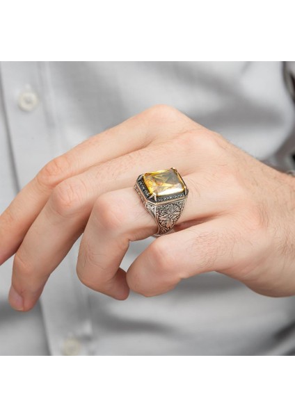 Sarı Sitrin Taşlı Oyma Motifli 925 Gümüş Erkek Yüzük modelleri