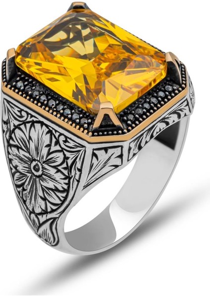 Sarı Sitrin Taşlı Oyma Motifli 925 Gümüş Erkek Yüzük fırsatları