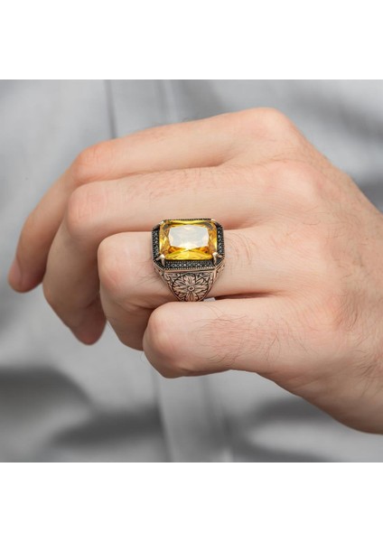 Sarı Sitrin Taşlı Oyma Motifli 925 Gümüş Erkek Yüzük indirimleri