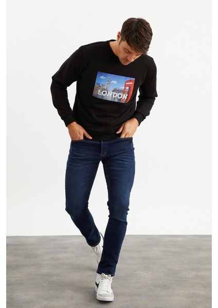 5011 Erkek Bisiklet Yaka Baskılı Sweatshirt