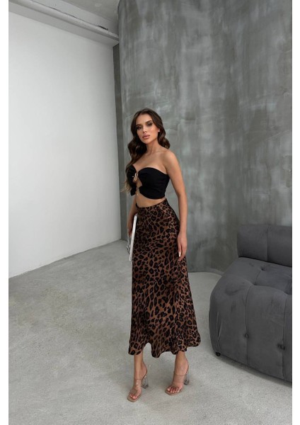 Kadın Leopar Desen Trend Saten Midi Boy Etek