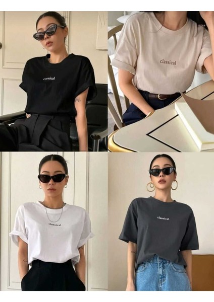 Kadın Classical Baskılı 4'lü Bisiklet Yaka Salaş Oversize Boyfriend T-Shirt