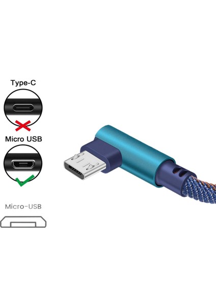 1 Metre Mikro USB Android Kablosu Sağ Açılı 90 Derece Mikro USB Örgülü Kopmaz Bükülmez Kablo