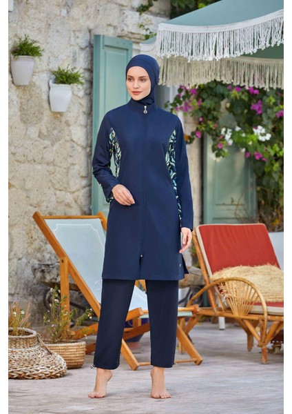 8284-24 Koyu Lacivert Jileli Battal Boy Tam Kapalı Tesettür Mayo