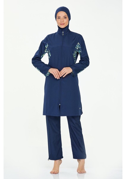 8284-24 Koyu Lacivert Jileli Battal Boy Tam Kapalı Tesettür Mayo modelleri