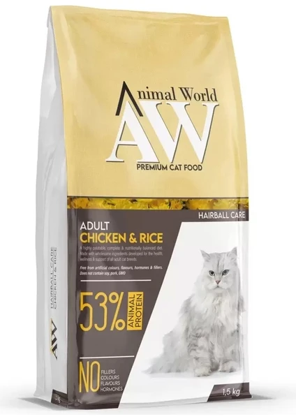 Animal World Hairball Tüy Yumağı Önleyici Tavuklu Yetişkin Kedi Maması 1,5 kg