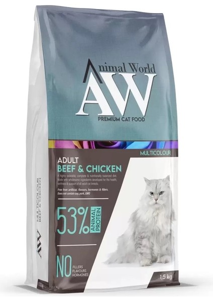 Animal World Multicolor Sığır Etli ve Tavuklu Yetişkin Kedi Maması 1,5 kg