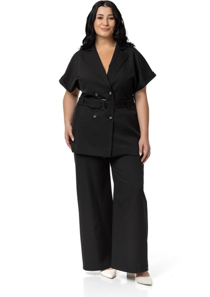 Büyük Beden Kruvaze Kemerli Yarım Kollu Siyah Ceket Pantolon Ikili Takım