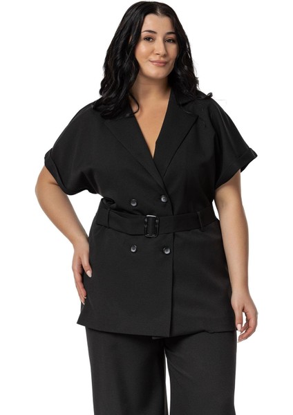 Büyük Beden Kruvaze Kemerli Yarım Kollu Siyah Ceket Pantolon Ikili Takım fiyatları