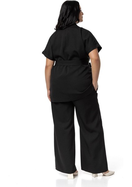 Büyük Beden Kruvaze Kemerli Yarım Kollu Siyah Ceket Pantolon Ikili Takım modelleri