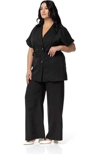 Büyük Beden Kruvaze Kemerli Yarım Kollu Siyah Ceket Pantolon Ikili Takım fırsatları