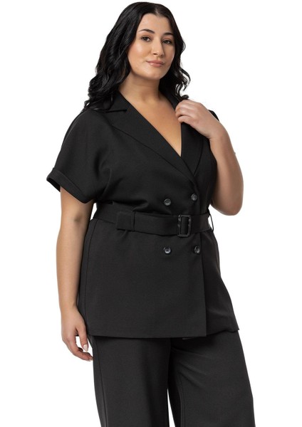 Büyük Beden Kruvaze Kemerli Yarım Kollu Siyah Ceket Pantolon Ikili Takım indirimleri