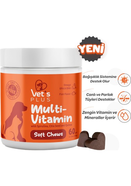 Vet's Plus Multivitamin Çiğnenebilir Tablet 60'lı (Kedi ve Köpekler için Spirulinalı Multivitamin)