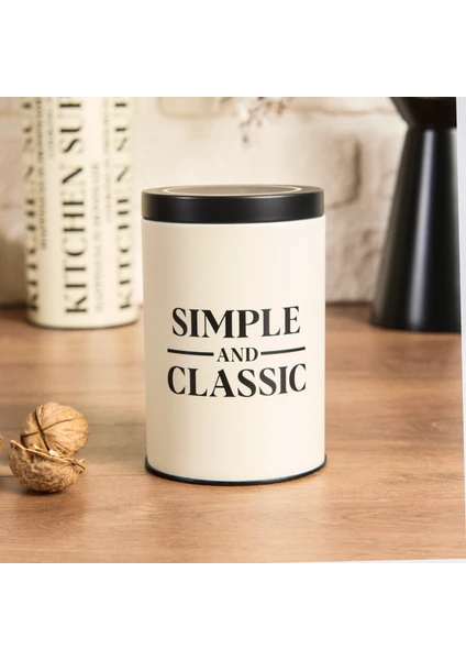 Simple Classic Metal Saklama Kabı - Krem / Siyah - 570 ml