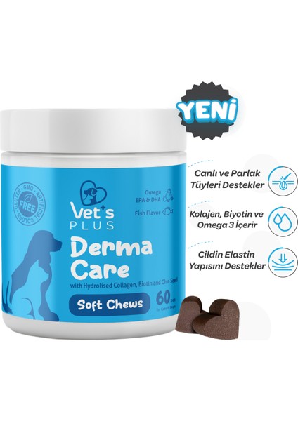 Vet's Plus Derma Care Çiğnenebilir Tablet 60'lı (Kedi ve Köpekler için Deri ve Tüy Sağlığı Destekleyici)