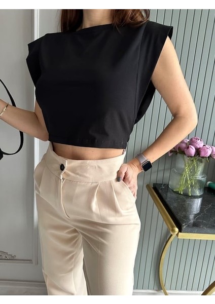 Kadın Kolsuz Yuvarlak Yaka Crop Bluz Siyah