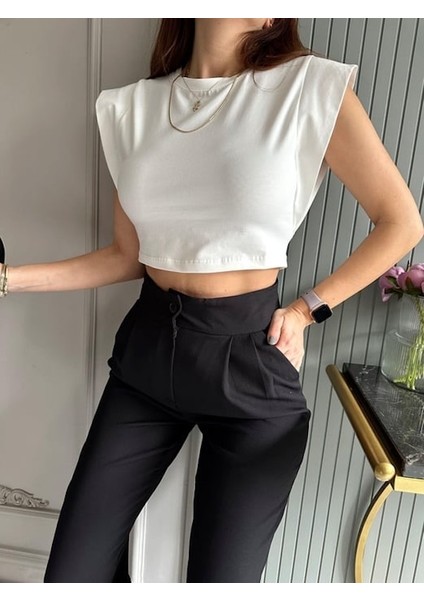 Kadın Kolsuz Yuvarlak Yaka Crop Bluz Beyaz modelleri