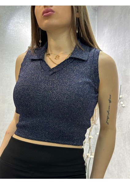 Kadın Polo Yaka Simli Kolsuz Bluz Mavi