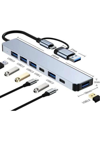 7 In 1 Usb/type-C Telefon Ipad-Pc ve Televizyonlar Şarj ,mause Klavye Uyumlu Veri Aktarımı Hub