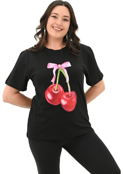 Kadın Büyük Beden Kiraz Baskılı T-Shirt 1785-24