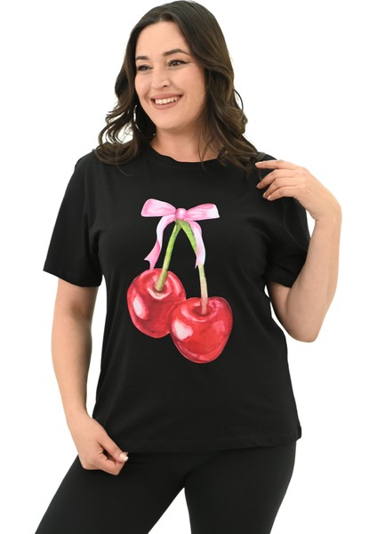 Kadın Büyük Beden Kiraz Baskılı T-Shirt 1785-24 fiyatları