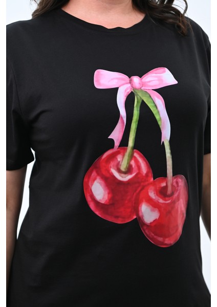 Kadın Büyük Beden Kiraz Baskılı T-Shirt 1785-24 indirimleri