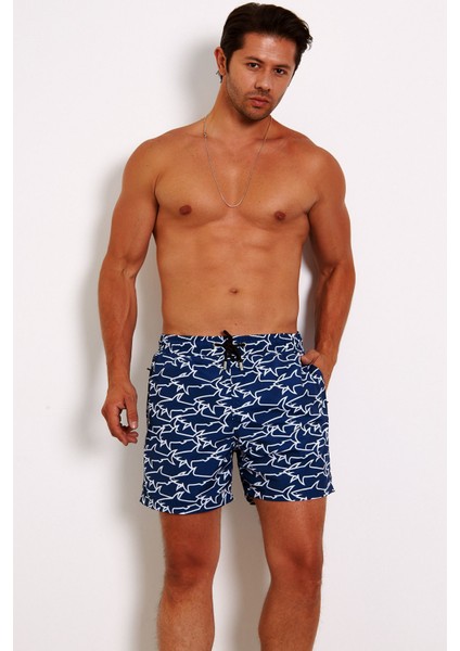 Erkek Lacivert Micro Kumaş File Astarlı Cepli Hızlı Kuruyan Dijital Baskı Deniz Şortu EDY6114L