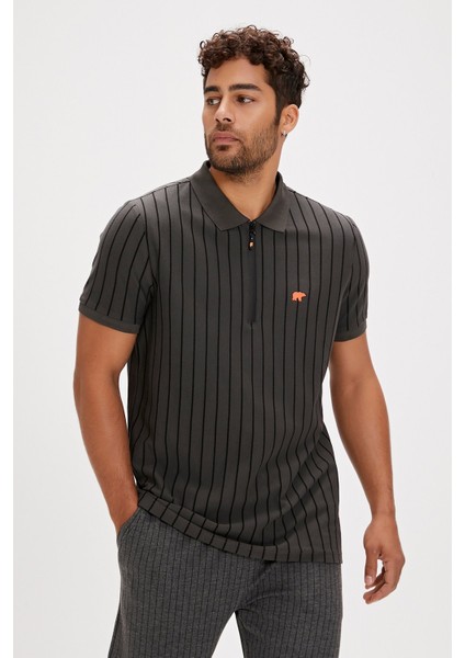 Theo Poloneck Asfalt Polo Yaka Fermuarlı Erkek Tişört