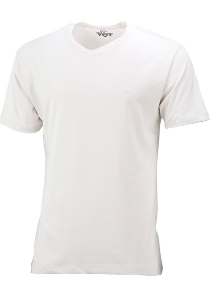 Erkek V Yaka Standart Fit Krem T-Shirt