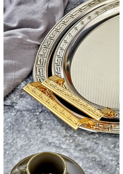 V Desenli Metal 2li Oval Gümüş Sunum Tepsi