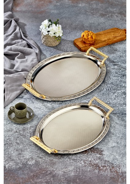 V Desenli Metal 2li Oval Gümüş Sunum Tepsi fiyatları