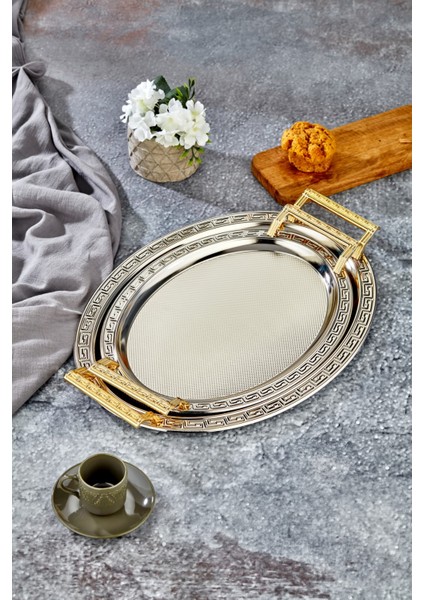 V Desenli Metal 2li Oval Gümüş Sunum Tepsi modelleri