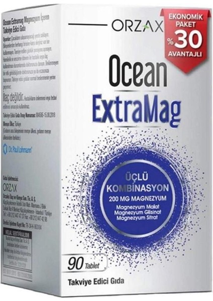 Ocean Extramag Üçlü Magnezyum Kombinasyonu 90 Tablet 200 mg Elementel Magnezyum İçerir
