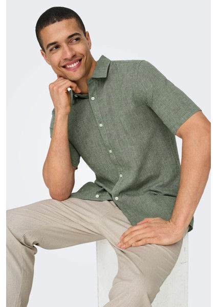 Erkek Onscaıden Slim Fit Kısa Kollu Keten Gömlek 22009885 Haki