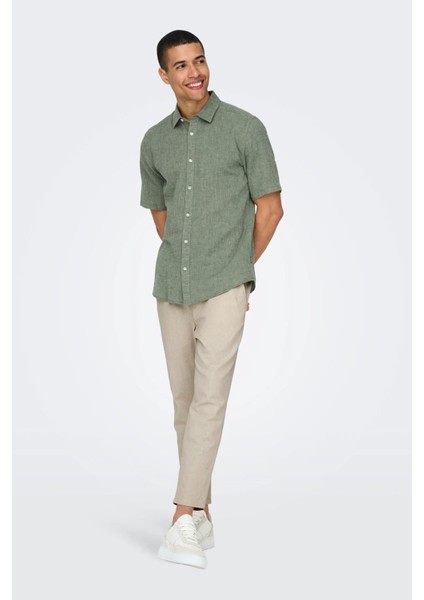 Erkek Onscaıden Slim Fit Kısa Kollu Keten Gömlek 22009885 Haki modelleri