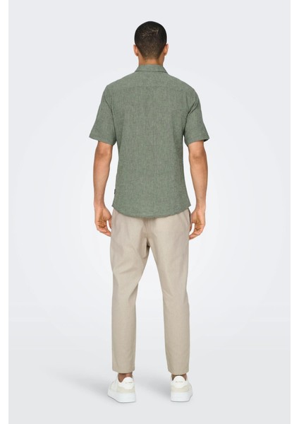 Erkek Onscaıden Slim Fit Kısa Kollu Keten Gömlek 22009885 Haki fırsatları