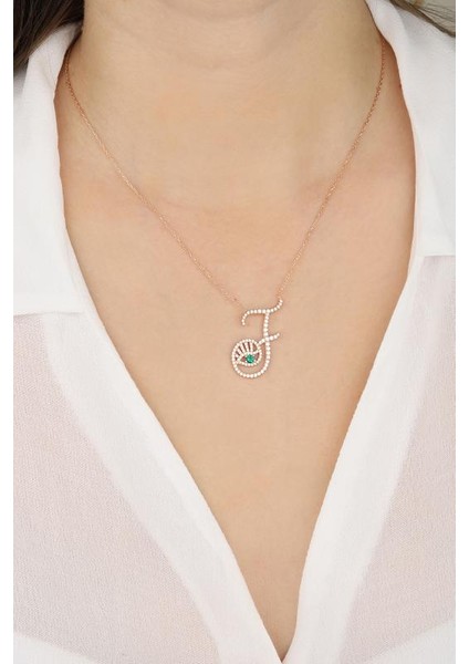 Renkli Gözlü Gümüş Harf Kolye - F