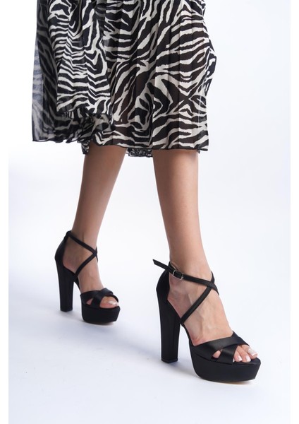 Kadın Siyah Saten Abiye Ayakkabı Yüksek Topuklu Çapraz Tasarım modelleri