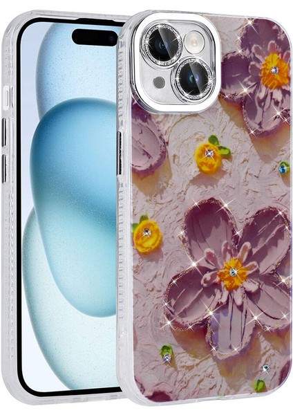 - Apple iPhone 14 - Kılıf Çiçek Desenli Parlak Taşlı Sert Silikon Garden Kapak - Mor