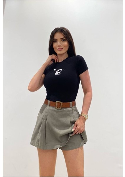 Kadın Pileli Şort Siyah Etek