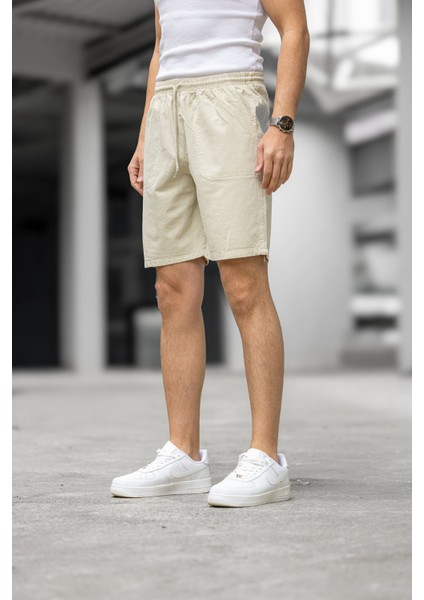 Erkek Regular Fit Cepli Kapri Şort - Bej