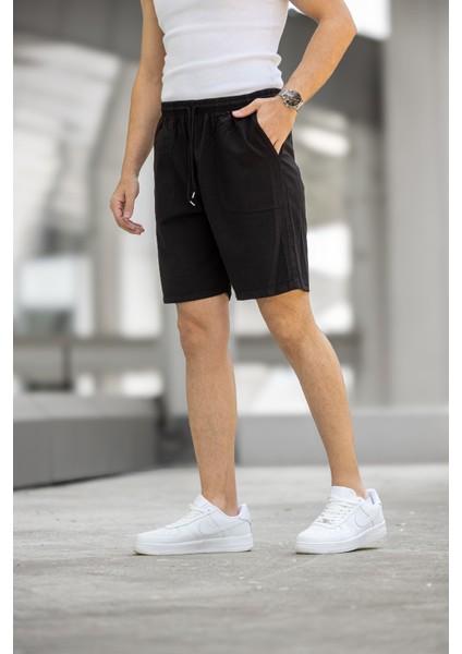 Erkek Regular Fit Cepli Kapri Şort - Siyah